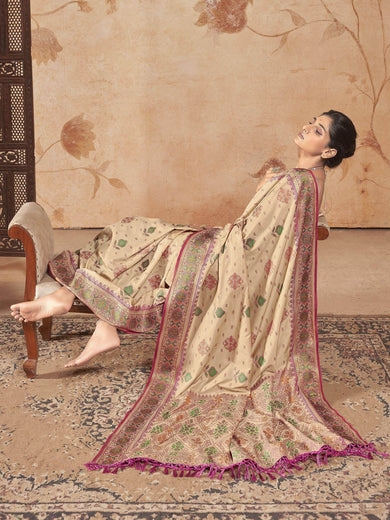 Wonderful Beige Zari Weaving Patola Silk Event Wear Saree With Blouse